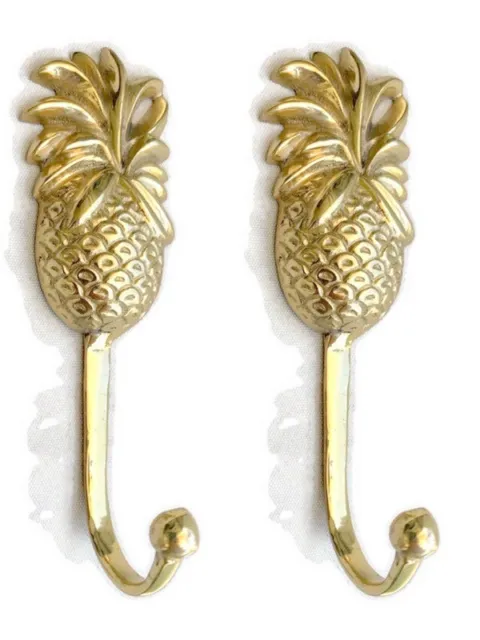 2 PINEAPPLE COAT HOOKS small solid brass vintage old style 120mm hook B