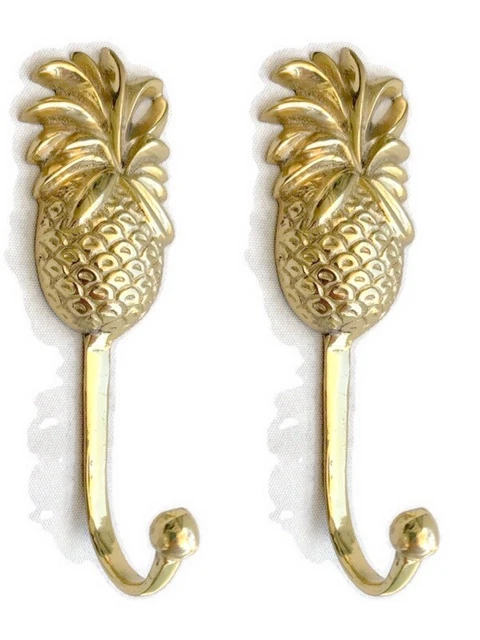 2 PINEAPPLE COAT HOOKS small solid brass vintage old style 120mm hook B
