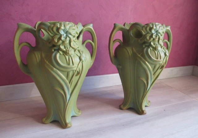 Rare paire de vases art deco lyonnais barbotine onnaing n° 729 2
