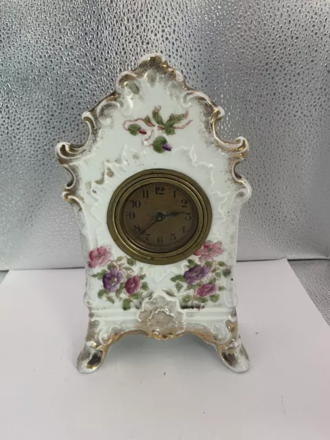 Vintage German Porcelain Clock Austria Hand Painted Florals.