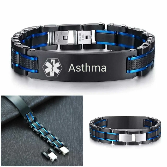 Pulsera Asma Alerta Médica 22cm ID Acero Inoxidable Puño Ajustable Azul