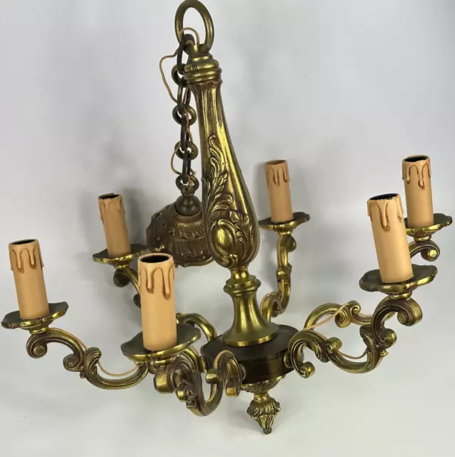 Vintage French 6 Arm Ornate Rococo Heavy Brass Electric Ceiling Light Chandelier