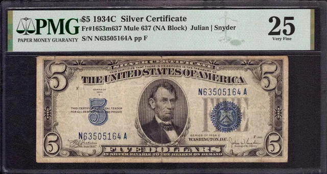 1934 C $5 SILVER CERTIFICATE NOTE FR.1653m MULE 637 P NA BLOCK PMG VERY FINE 25