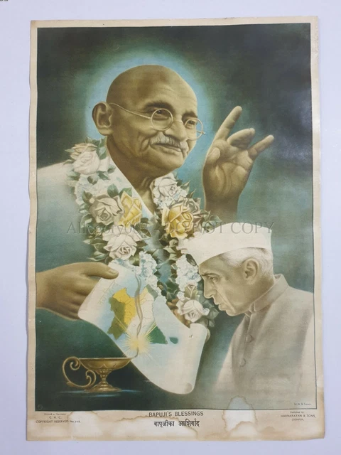 India Vintage Stampa Gandhi Blessing Nehru India Mappa 14in x 2