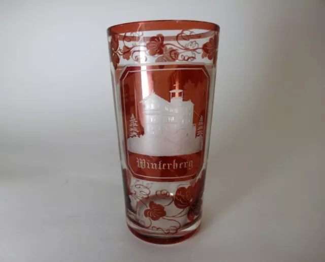 Andenken Ansichten- Becher Glas gebeizt, WINTERBERG, handgraviert, um 1900  AL59