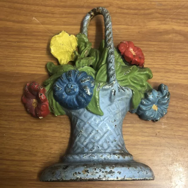 Antique Hubley Door Stop Cast Iron Basket & Flowers Original Paint.