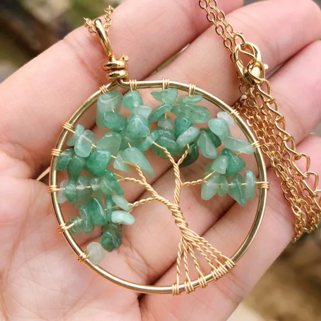 Aventurine Gem Tree Of Life Water-Drop Necklace Chakra Reiki Healing Amulet