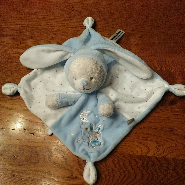 Doudou plat Ours déguisé en Lapin blanc bleu étoiles MAX & SAX ÉTAT NEUF
