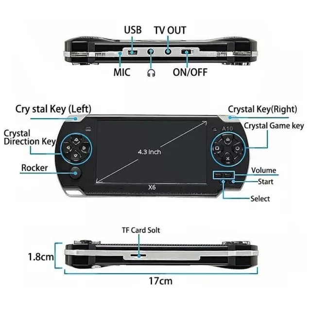 32 Bit 4.3" PXP Portable Handheld Game 4GB Console Player 10000+Games X6 3