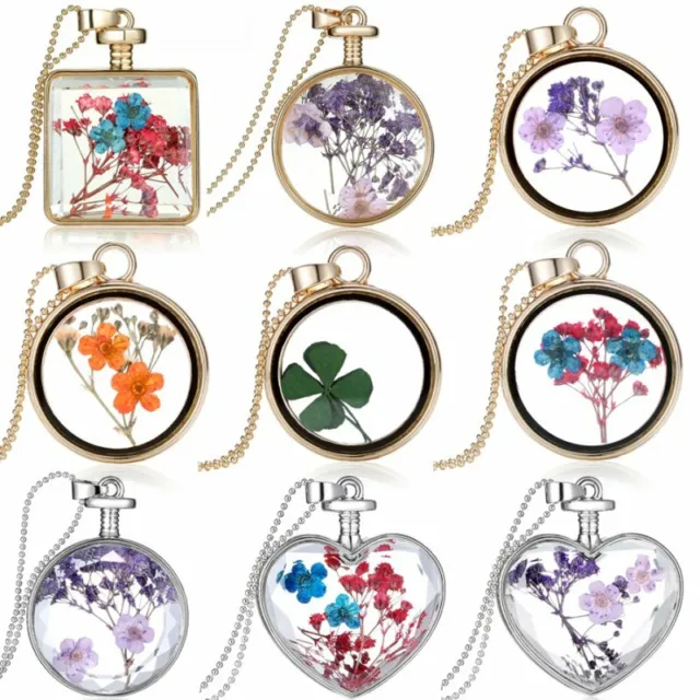 Natural Real Dried Flower Heart Round Glass Floating Pendant Necklace Jewelry