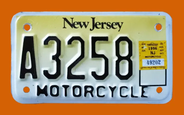 1996 New Jersey Motorcycle Cycle License Plate " A 3258 " Nj  Goldfinch Reflect