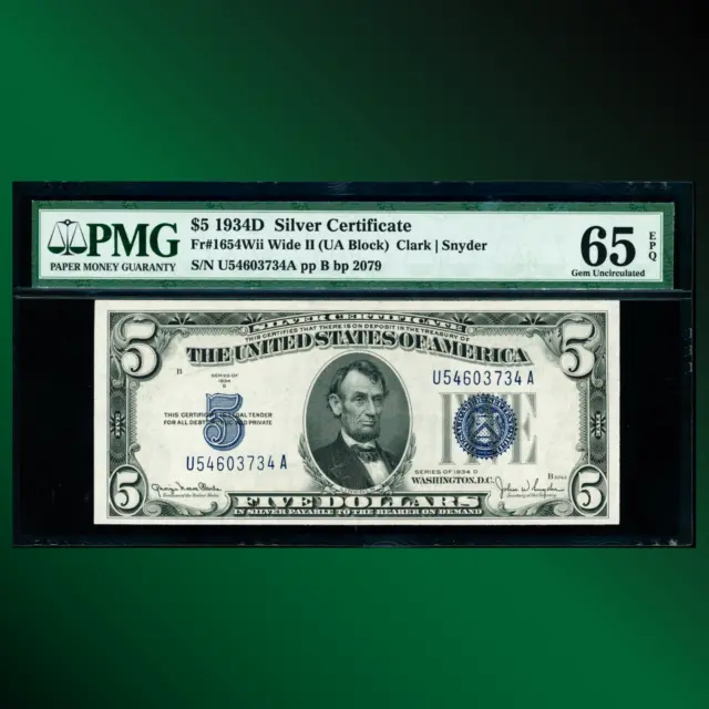 Fr.1654Wii 1934D $5 Five Dollar Silver Certificate UA Block, PMG 65 EPQ, 03734