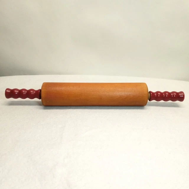 Vintage Primitive Maple Wooden Rolling Pin Red Painted Handles Farmhouse Cottage