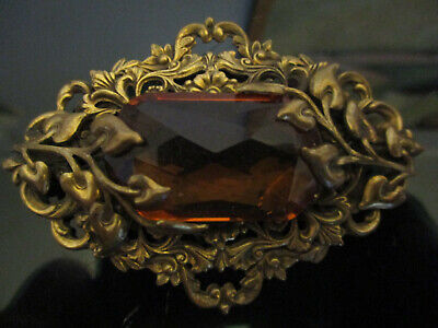 Vintage Ornate Victorian Art Nouveau Revival Topaz Glass Layered Brass 3" Brooch