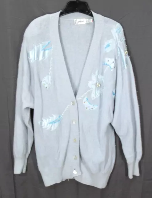 VTG CARDUCCI Light Blue SWEATER CARDIGAN Lambswool Angora BEADED PEARLS sz M