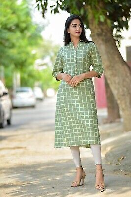 Indian Green Checks Pure Cotton Handmade Kurti Women's Clothing S Size Kurtis UK
