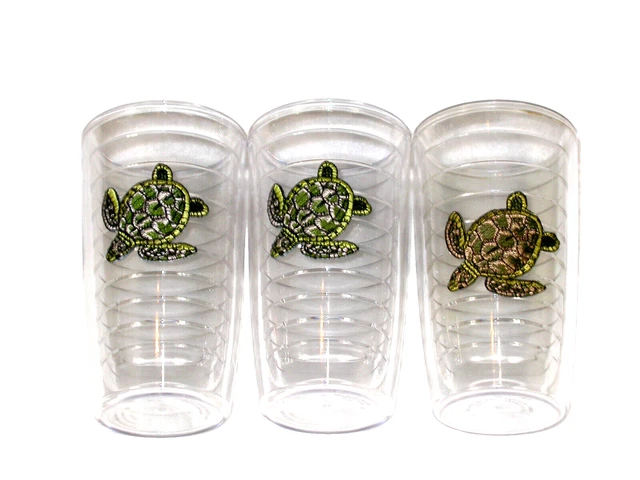 Lot 3 Tervis Tumbler Glasses Green Sea Turtle 16Oz Ocean Embroidered Emblem