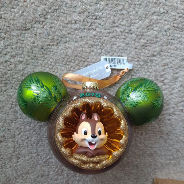 Disney Parks Mickey Mouse Icon Chip & Dale Double Sided Glass Ornament NWT