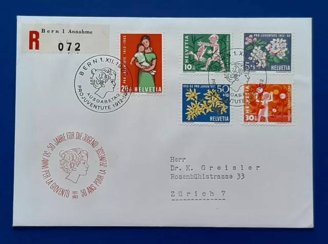 SCHWEIZ Nr. 758-762 R-Brief FDC, 50 Jahre für die Jugend Bern 1962 - Zürich