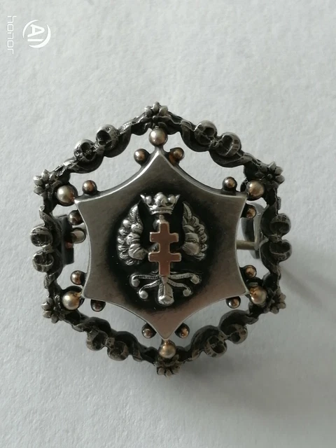 Broche Ancienne En Argent - Armoiries Avec Couronne, Aigle Et Croix De Lorraine, Occasion