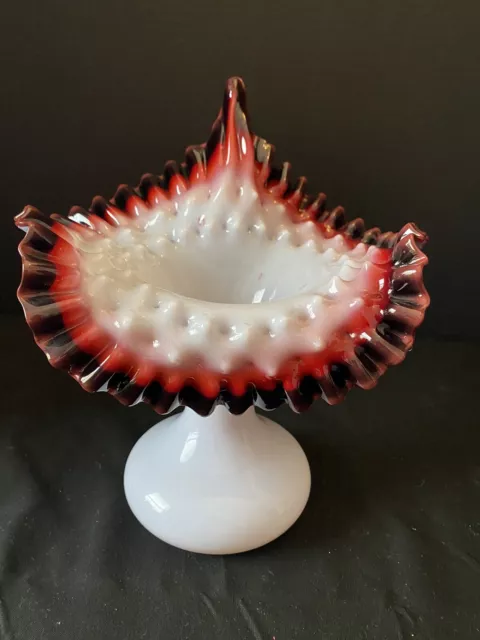 Stunning Oxblood & White  Hobnail  Art Glass Jack In The Pulpit Vase - Handblown