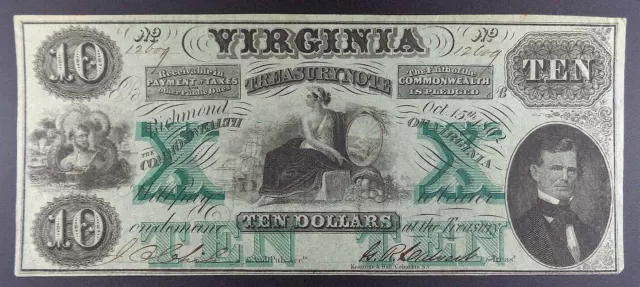 1862 (Confederate) State of Virginia $10 Treasury Note, Cr. 9.