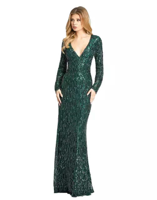 Mac Duggal 5451 Long Sleeve Beaded V-Neck Gown Forest Green Size 12