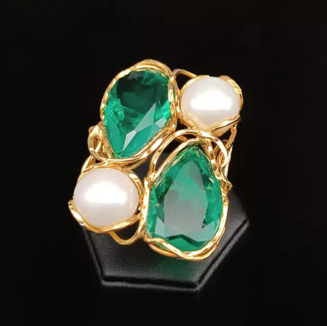 anello donna argento 925 placcato oro verde smeraldo perla bianca naturale