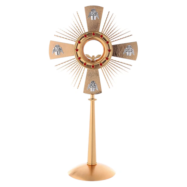 Ostensorio ottone fuso 4 evangelisti pietre rosse
