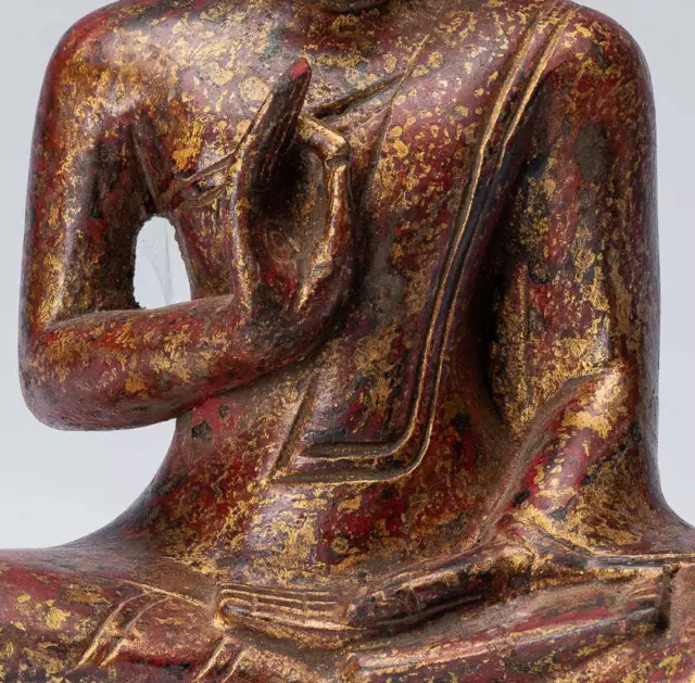 Buddha - Antique Khmer Style Seated Wood Buddha Statue Teaching Mudra - 27cm/11" 3