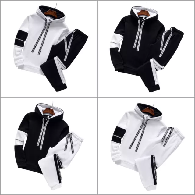 Set Tuta Felpa Cappuccio Pantaloni Uomo 2 Pezzi Noir Bianco Top Fondo