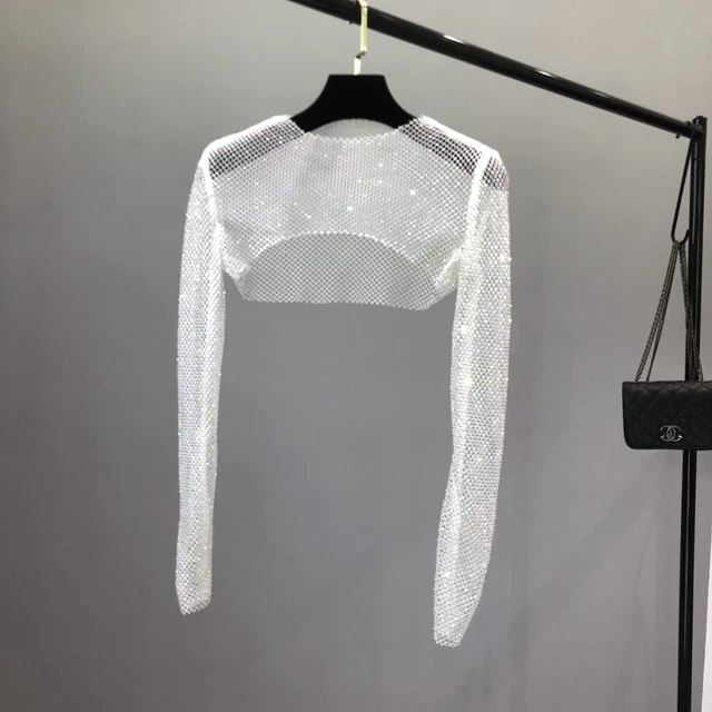 Haut Résille Femme Avec Strass - Pour Fête/cocktail - Manches Longues - Taille Unique - Neuf Avec étiquette