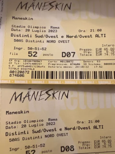 2 biglietti concerto Maneskin 20 luglio 2023 stadio olimpico