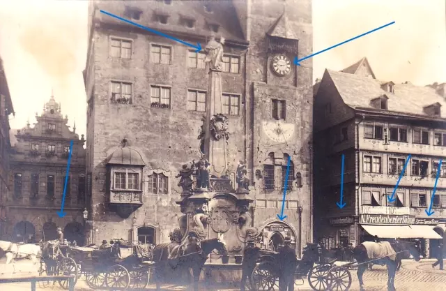 altes original Foto 1912 - Würzburg, Blick auf das alte Rathaus + den Brunnen