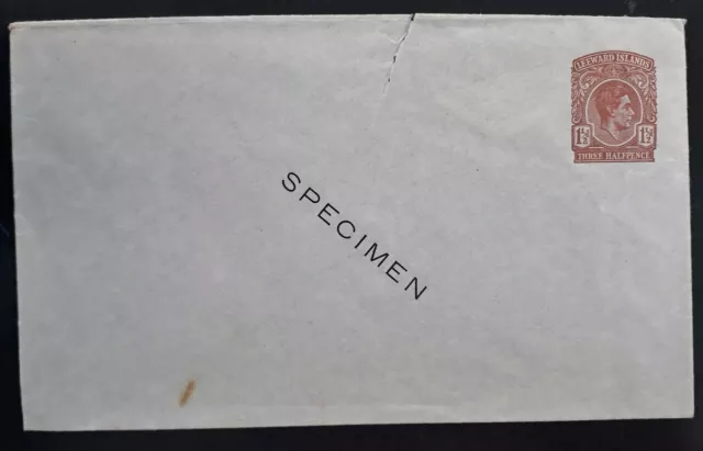 1938 1 1/2 Brown LEEWARD ISLANDS KGV1 ENVELOPE - SPECIMEN Overprint Mint (Torn)