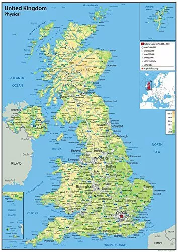 100 x 70 cm United Kingdom Physical Wall Map Paper Laminated