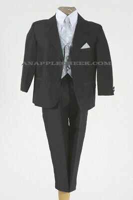 NEW Boys 5 pcs Suit Set Black Color Silver Paisley Tie + Vest Sz 5 / 6 (5-7 Yrs)