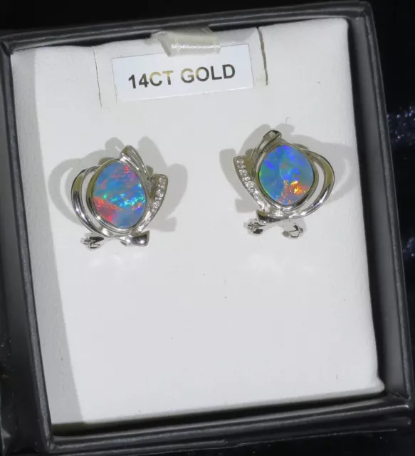 Opal Earring  Clip-Studs Doublet, Freeform(12x10mm), White Gold 14K , Aust Opal 3