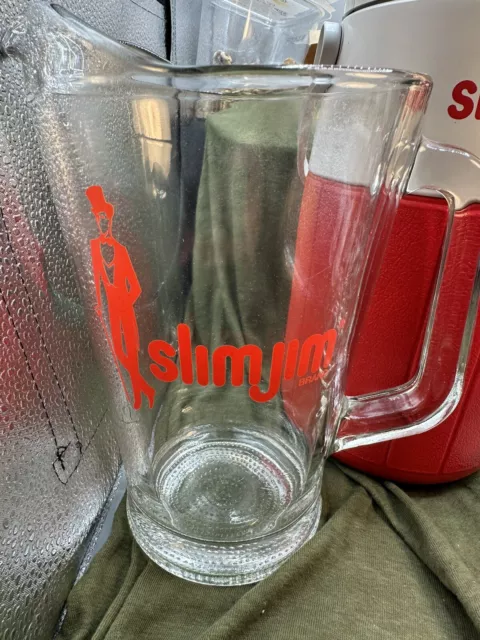 Vintage Slim Jim Brand Advertising Glass Pitcher/Mug/Coleman beverage cooler. 2