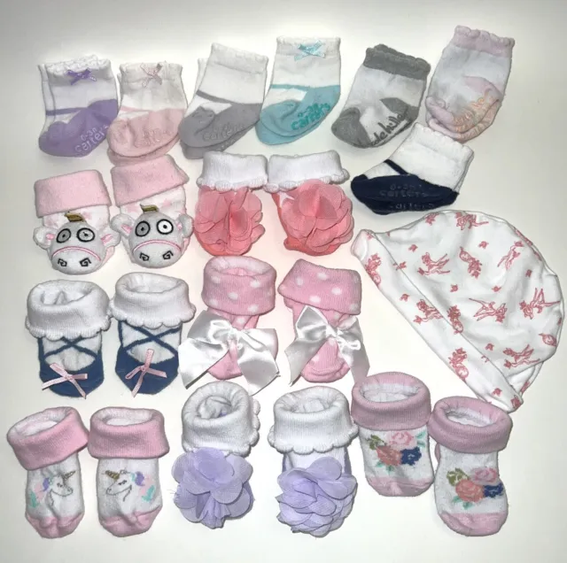 Baby Girl 15 Pc Lot Infant Socks & Bambi Hat Bows Unicorn Carters Disney Clothes