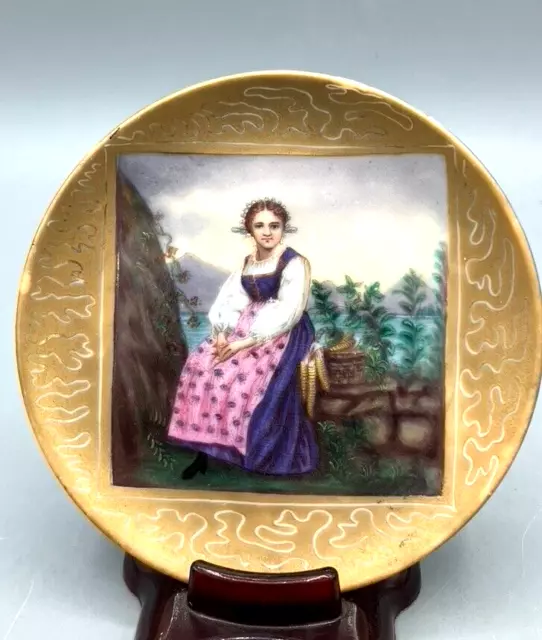 Antique Small German Porcelain Plate with Hand-Painted Portrait 4”