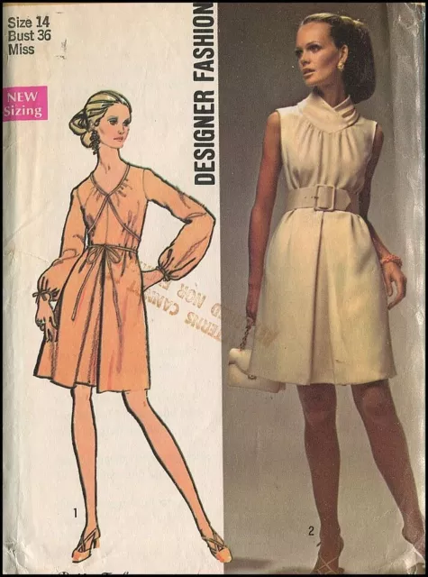 60s Vintage Inverted Pleat Dress w/ Wide Belt Simplicity 8648 Pattern Sz 14 B 36