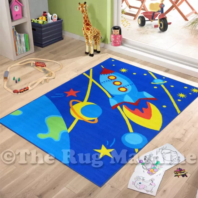 OUTER SPACE ROCKET SHIP KIDS FUN PLAY RUG 100x150cm NON-SLIP & WASHABLE **NEW**