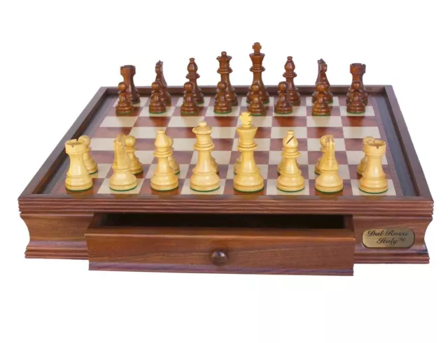 Dal Rossi Chess Set Boxwood/Sheesham 95mm Pieces w 50cm Walnut Board w/ Drawers