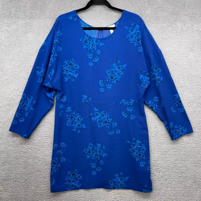 Leith Womens Dress Knee Length Blue Floral A-Line Long Sleeve Scoop Neck Size XL