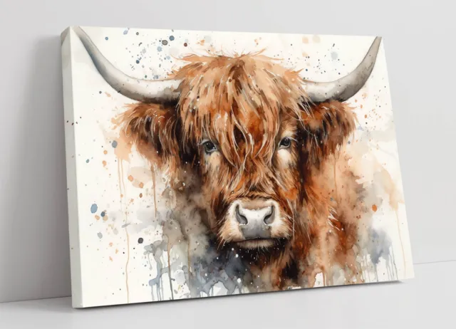 Highland Cow Watercolour Splash Art -Deep Framed Canvas Wall Art Print