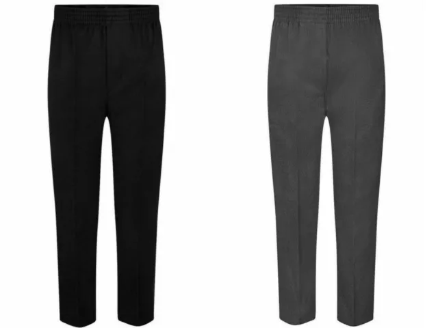 Boys All Around Full Elasticated School Pull Up Trousers~Grey/Black~2/3 To 15/16