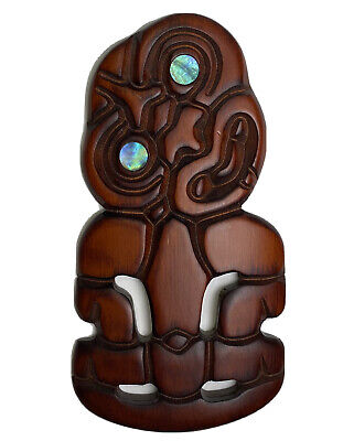 Hand Carved Maori Hei Tiki Crafted In Rotorua New Zealand Wood with Abalone Eyes