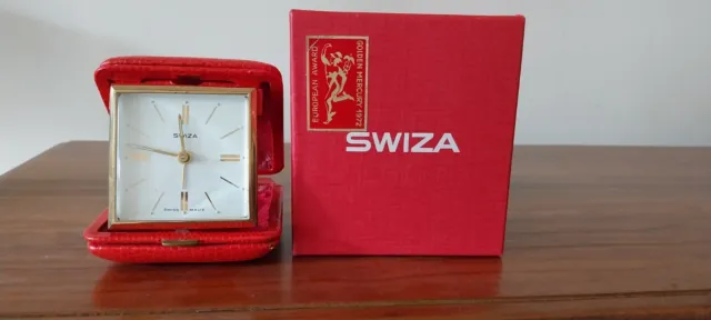 Vintage Swiza Travel Alarm Clock Swiss Made Fully Working In Red Leather 30-hour