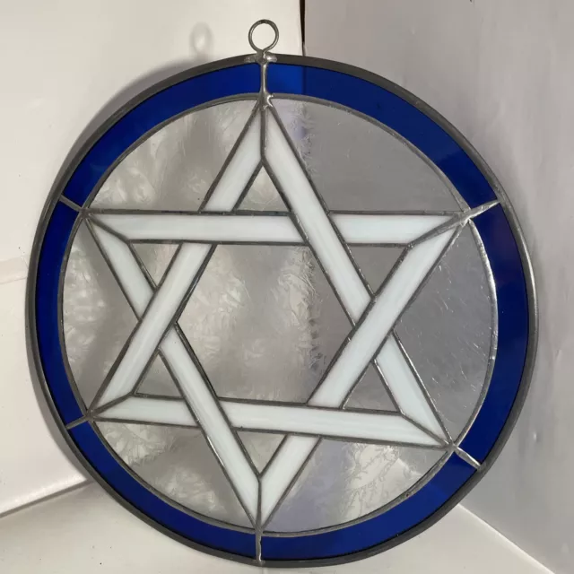 Vintage Beveled Stained Lead Glass 12” White Blue Trim SUNCATCHER Star of David